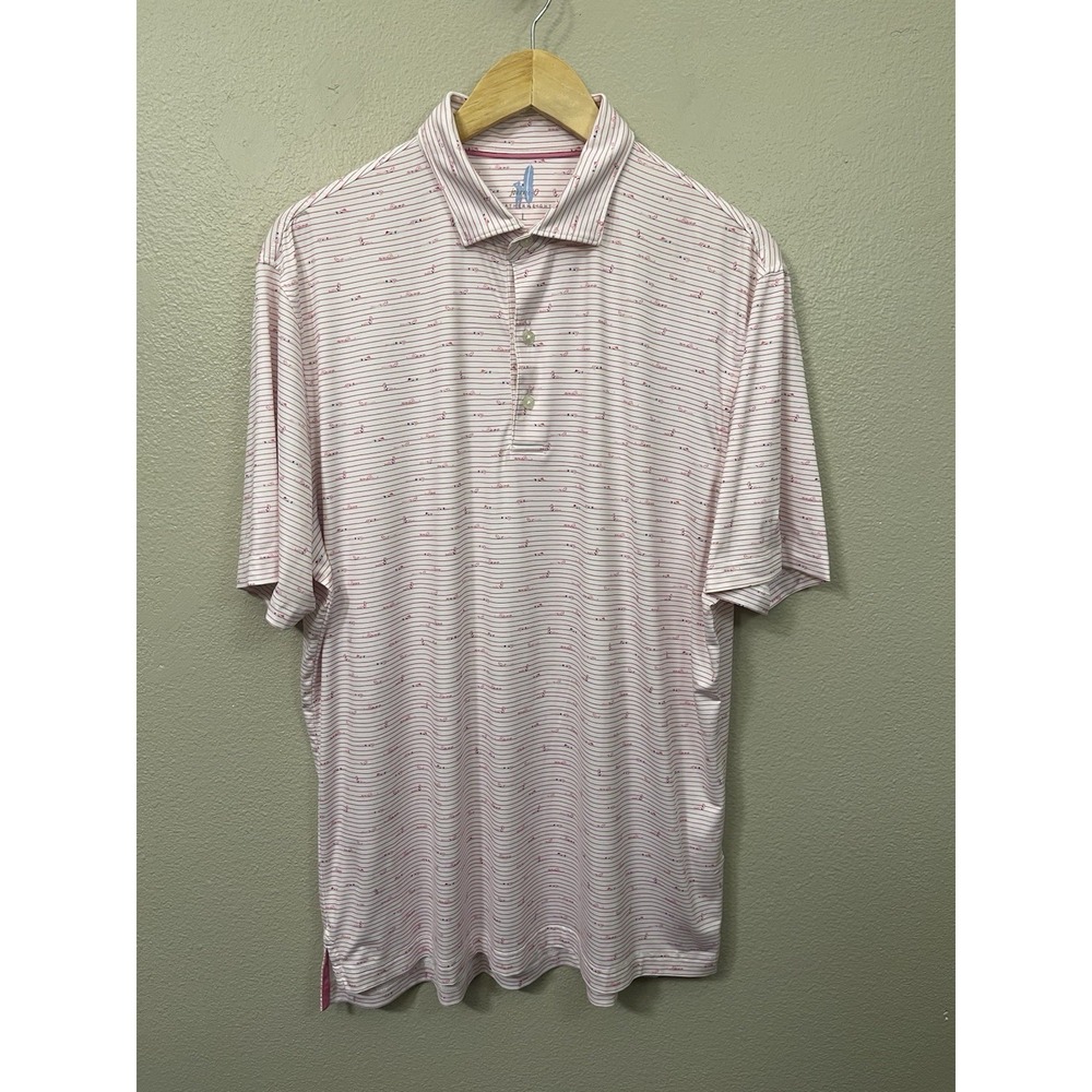 Johnnie O Featherweight SPF Golf Polo Sun Bathin Novelty Print White Pink Sz L